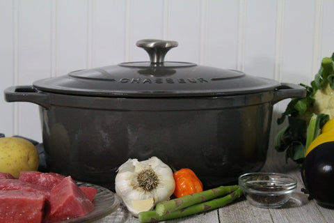French Enameled Cast Iron Oval Dutch Oven, 4.2-Quart, Caviar Grey