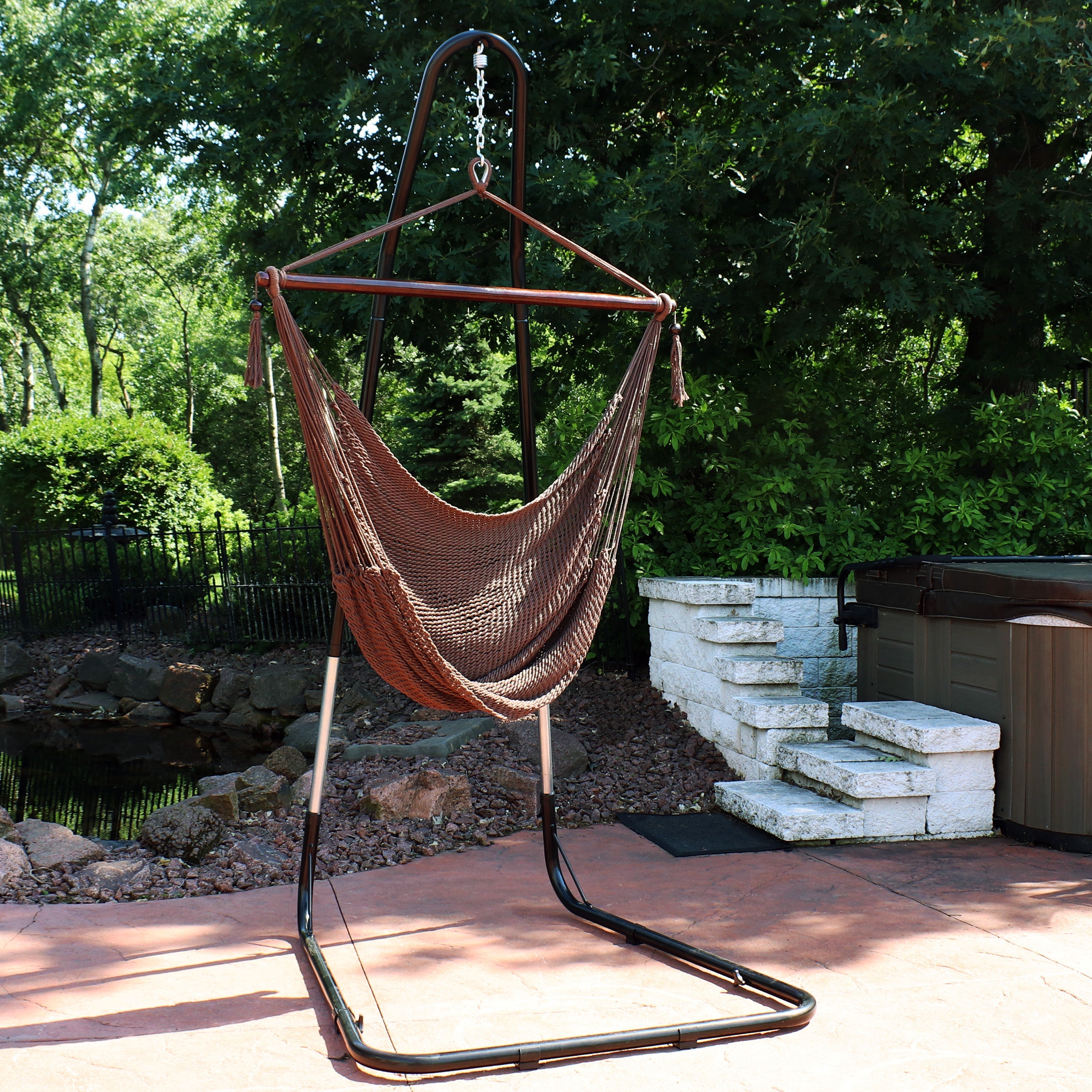  Sunnydaze Decor Caribbean Style Extra Large Hanging Rope Hammock Chair Swing with Adjustable Stand - Mocha - Bonton