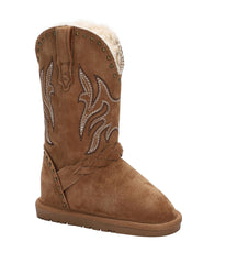 Kid's Faux western style suede boot with fur lining Chestnut