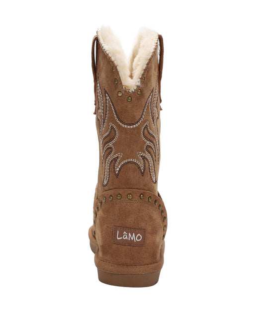 Kid's Faux western style suede boot with fur lining Chestnut