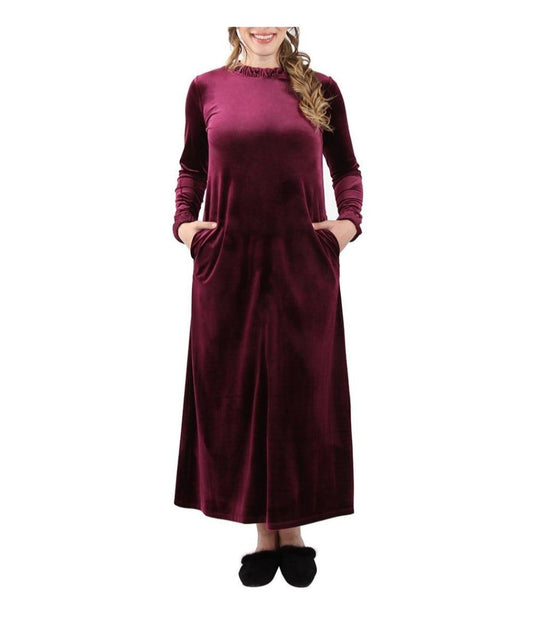 Women's Velour Ruched Neck Full Length Lounger Gown Burgundy