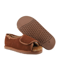 Men's Wide Width Suede Open Toe Wrap with sheepskin lining Chestnut