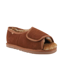 Men's Wide Width Suede Open Toe Wrap with sheepskin lining Chestnut