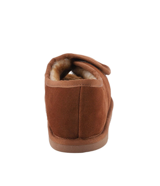 Men's Wide Width Suede Open Toe Wrap with sheepskin lining Chestnut