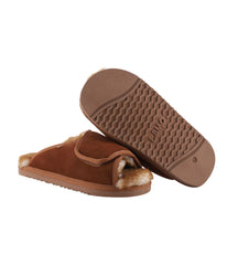 Men's Wide Width Suede wrap slide with sheepskin lining Chestnut