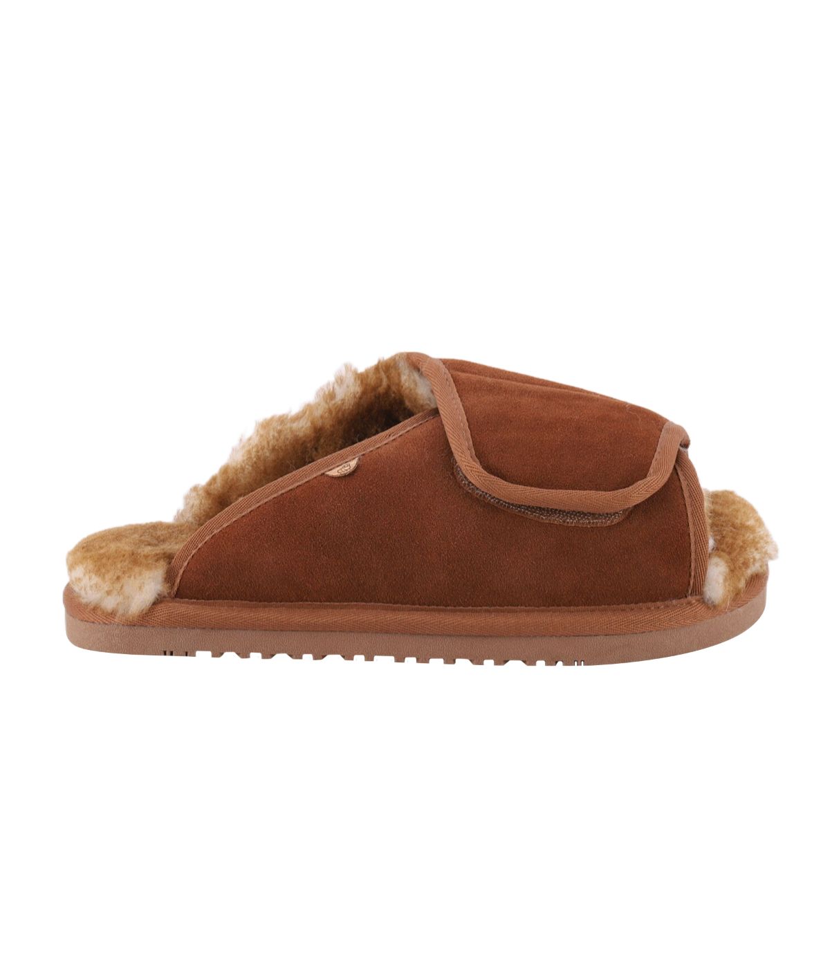 Men's Wide Width Suede wrap slide with sheepskin lining Chestnut