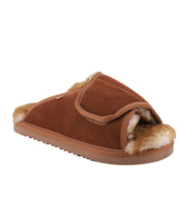 Men's Wide Width Suede wrap slide with sheepskin lining Chestnut