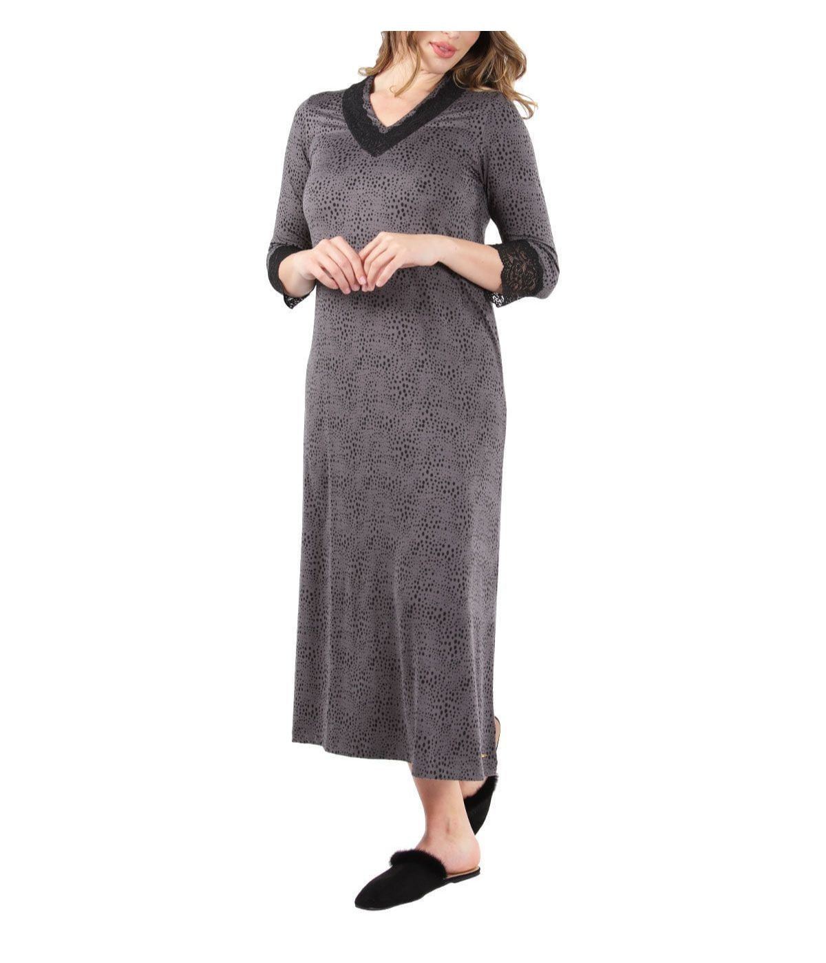 Women's Three Quarter Sleeve Nightgown with Lace Trim Animal Print