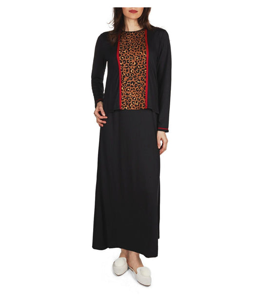Women's Ultra-Soft Breathable Leopard Accent Nursing Gown Black
