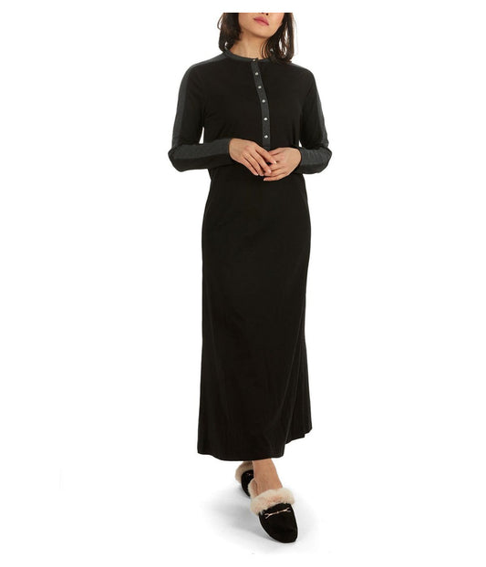 Women's Modest Long Placket Ankle-Length Cotton Blend Gown Black