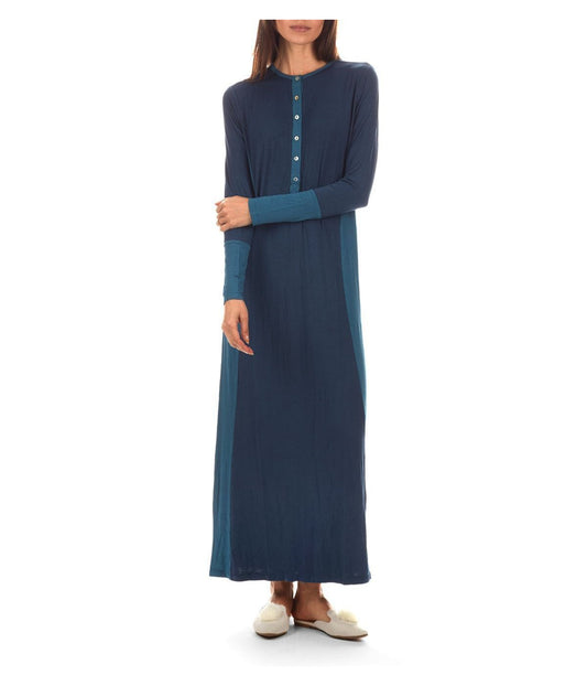 Women's Two-Tone Button-Accent Soft Full-Length Nightgown Ocean Navy