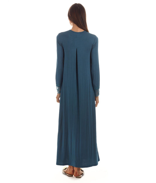 Women's Long Sleeve Smocking Placket Ankle-Length Gown Teal
