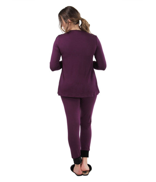 Women's Velvet Racing Stripe Trim Long Sleeve Pajama Set Grape