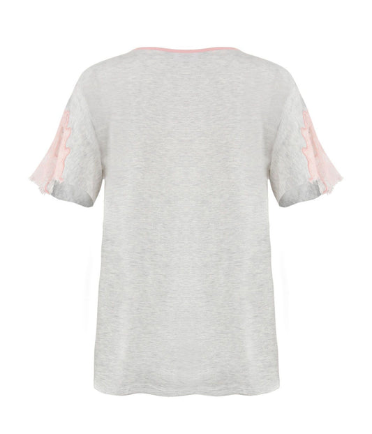 Women's Cotton Blend Lace Trim Short Sleeve Top and Pants Sleep Set Light Gray Heather
