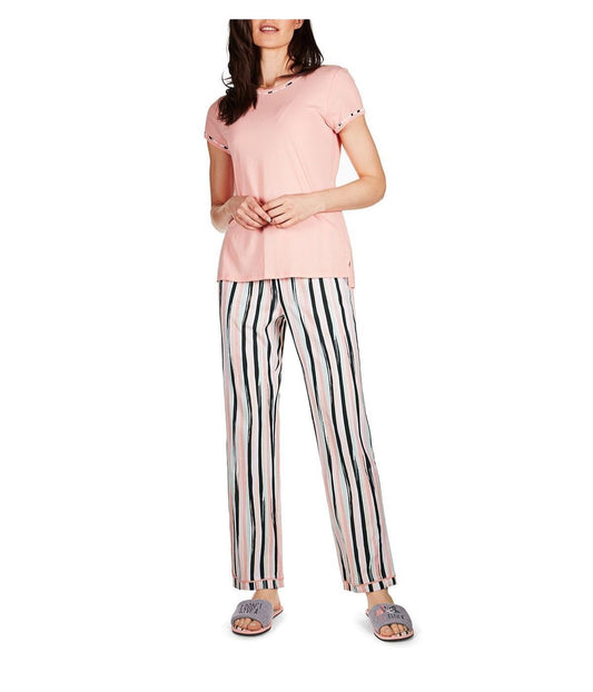 Women's Get Tropical T-Shirt and Striped Pants Pajama Set Pink