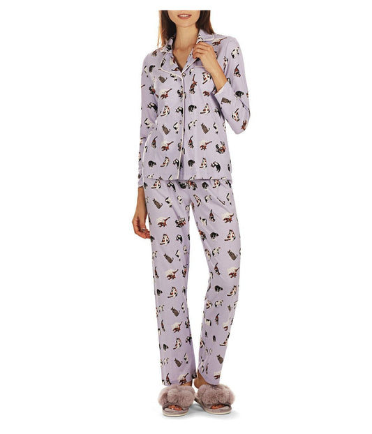 2 Piece Women's Crazy Cats Cotton Blend Pajama Set Purple Heather