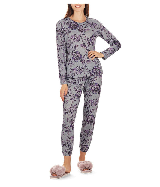 2 Piece Women's Purple Blossom Long Sleeve and Tapered Pant Pajama Set Purple