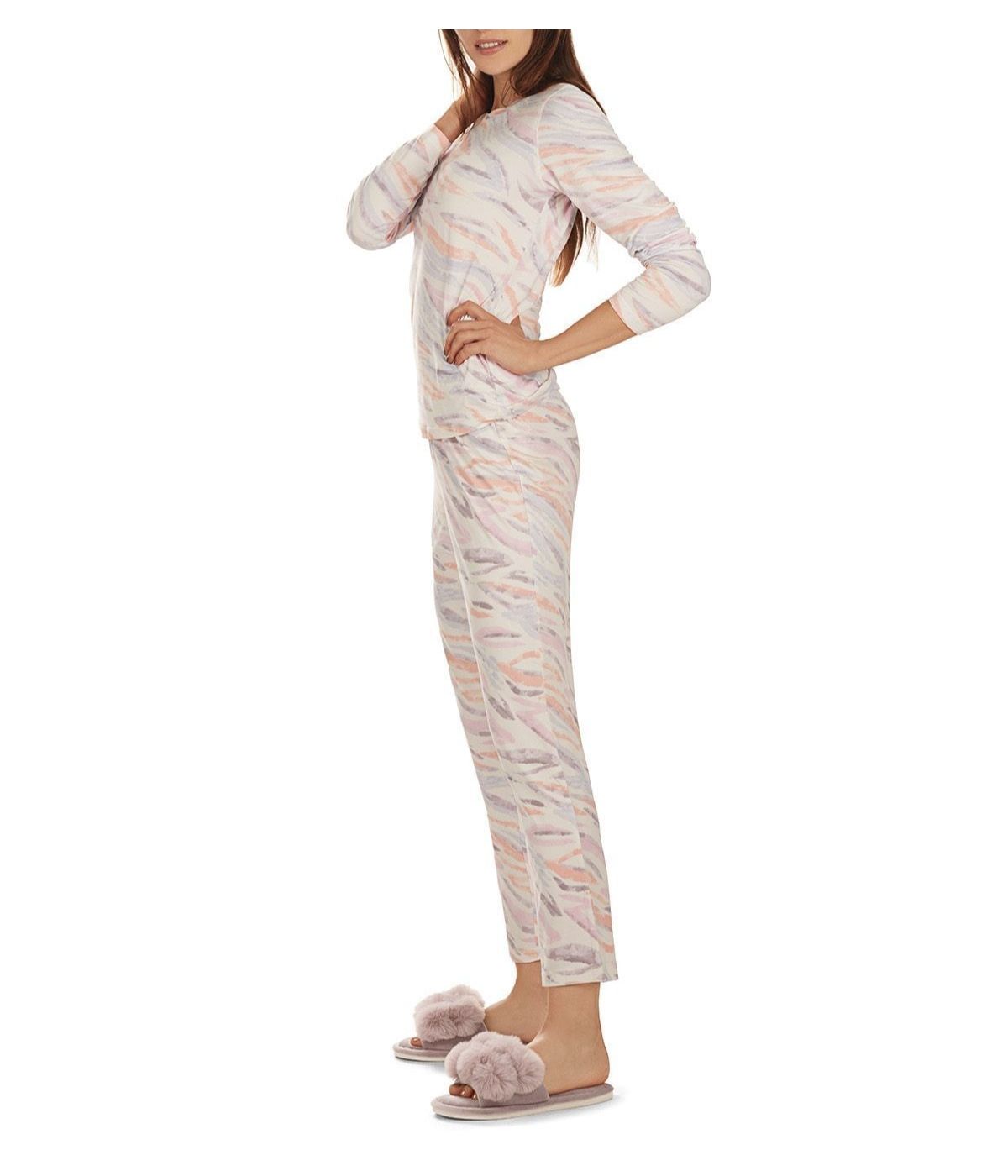 2 Piece Women's Pastel Zebra Long Sleeve and Tapered Pant Pajama Set Multi