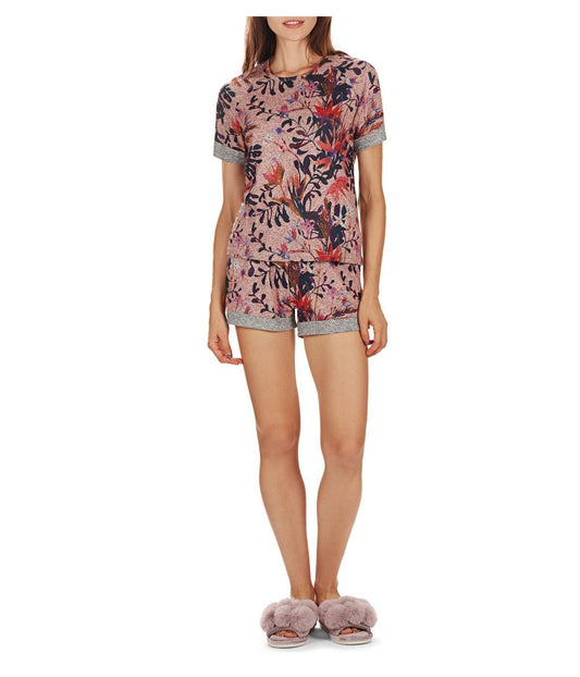 2 Piece Women's Floral Paradise T-Shirt and Shorts Pajama Set Pink