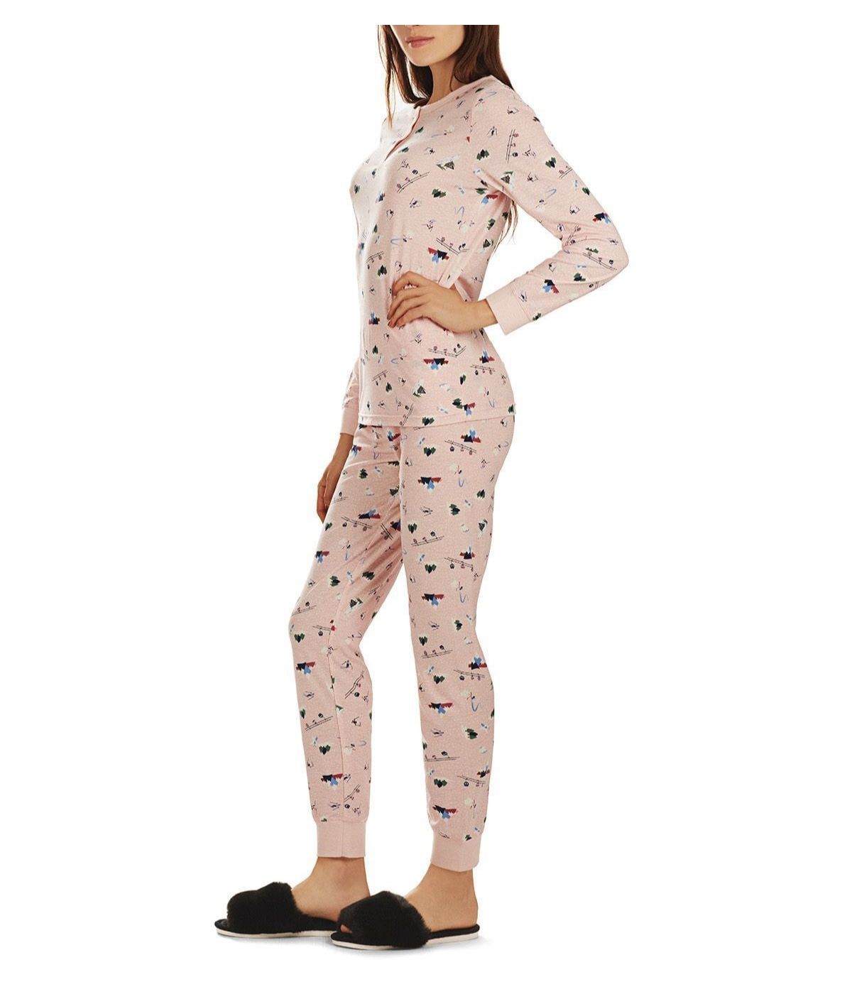 2 Piece Women's Ski Chalet Pattern Long Sleeve Tapered Bottom Pajama Set Multi