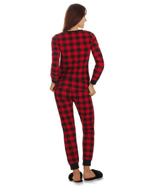 2 Piece Women's Buffalo Plaid Long Sleeve Tapered Bottom Pajama Set Black-Red