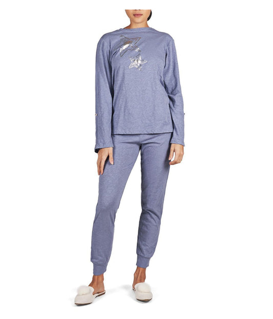 Women's 100% Cotton Slub Knit Metallic Star Accent Pajama Set Blue