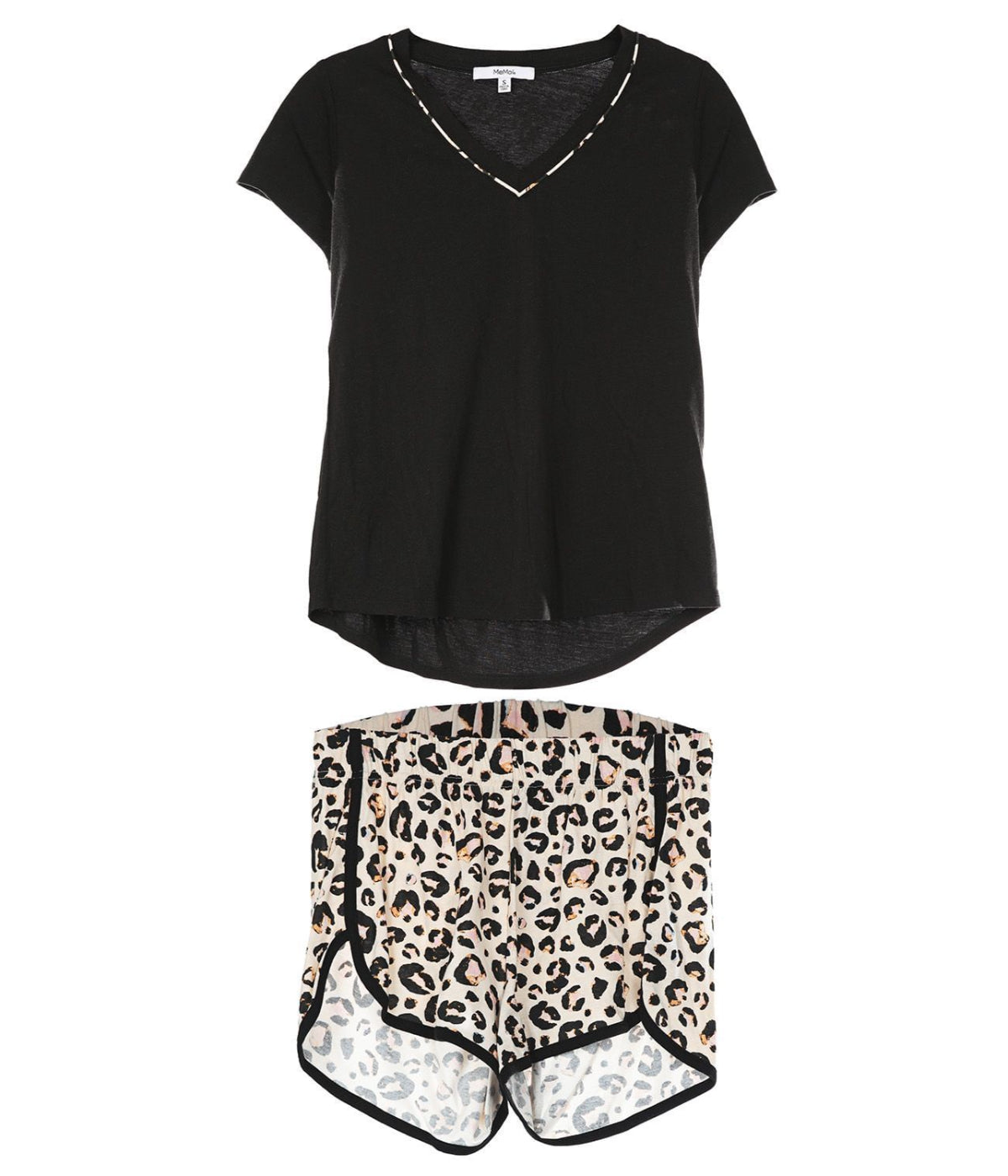 Women's Leopard V-Neck Short Cotton Blend Pajama Set Black