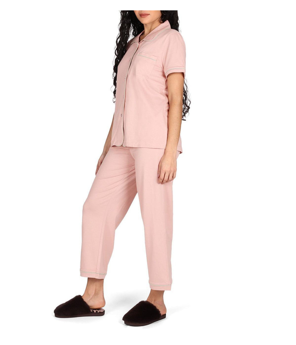 Women's Notch Collar Capri Cotton Blend Pajama Set Misty Rose