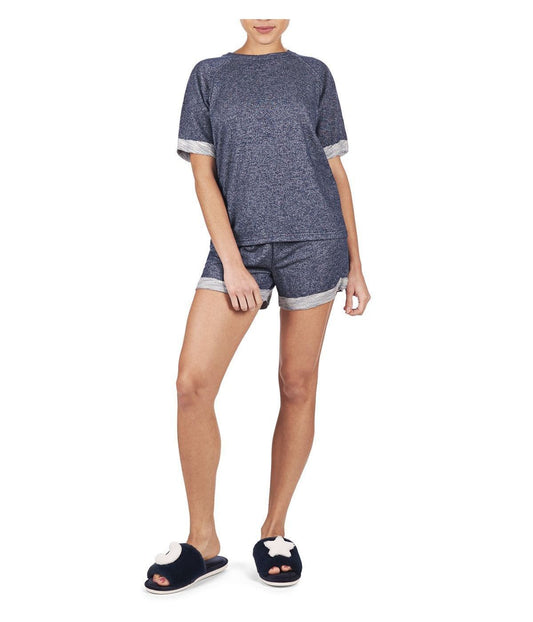 Women's Terry Slub Knit Two-Tone Matching Short and T-Shirt Set Indigo