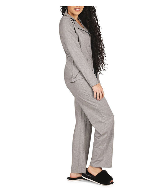 Women's Notch Collar Stretchy Cotton Blend Pajama Set Med Gray Heather