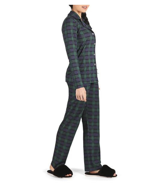 Women's Plaid Notch Collar Cotton Blend Pajama Set Navy