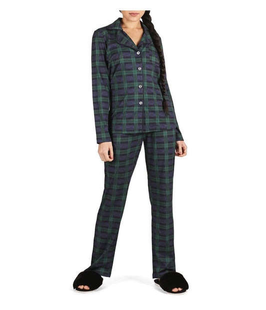 Women's Plaid Notch Collar Cotton Blend Pajama Set Navy