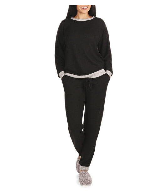 Women's Hacci Matching Pullover Top and Jogger Pants Set Black