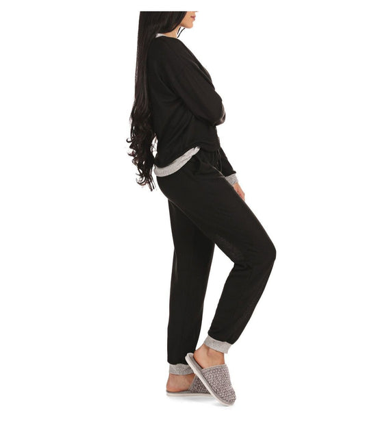 Women's Hacci Matching Pullover Top and Jogger Pants Set Black