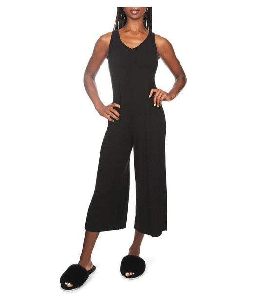 Women's V-Neck Luxe Rib Fitted Capri Style Romper Black