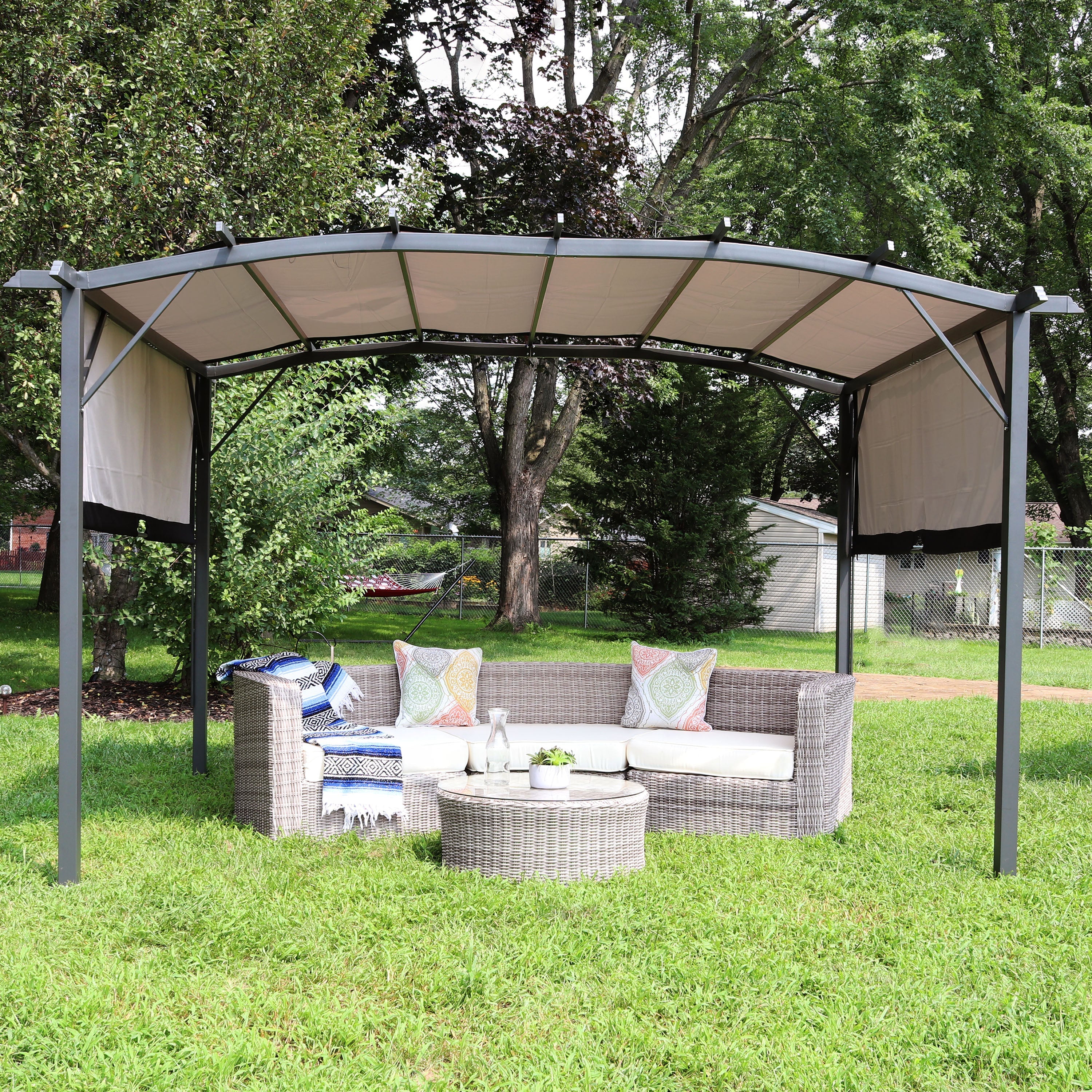  Sunnydaze Decor Metal Arched Pergola with Retractable Canopy 9' x 12' - Gray - Bonton