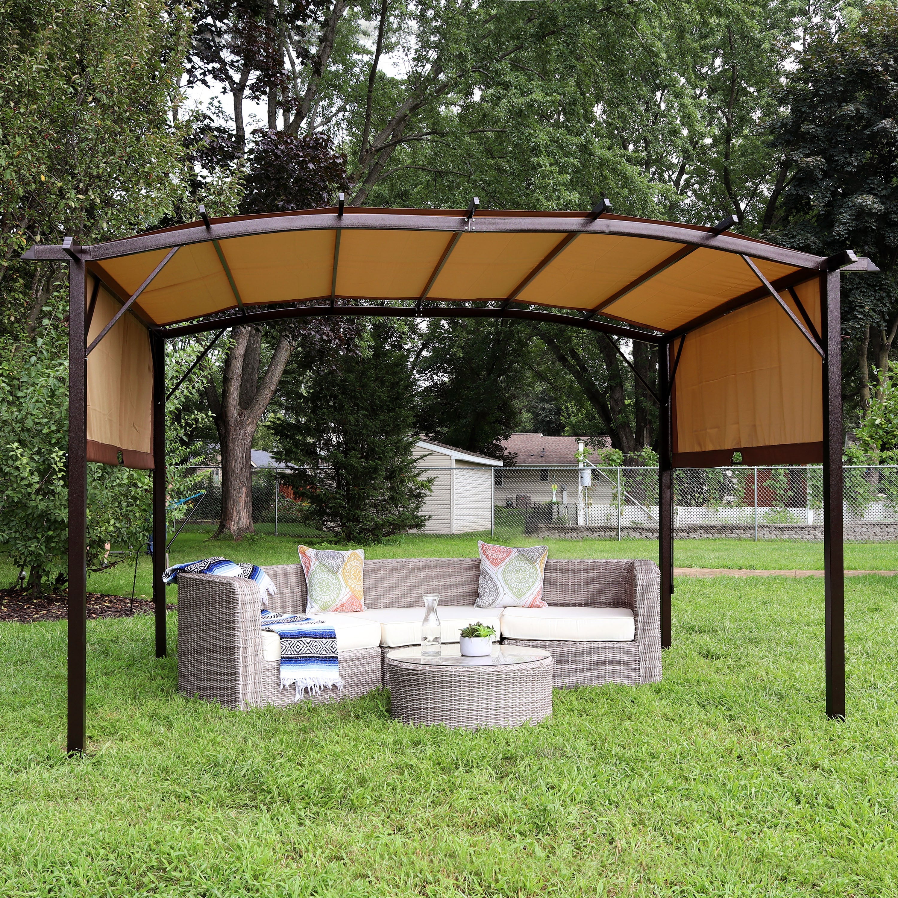  Sunnydaze Decor Metal Arched Pergola with Retractable Canopy 9' x 12' - Gray - Bonton