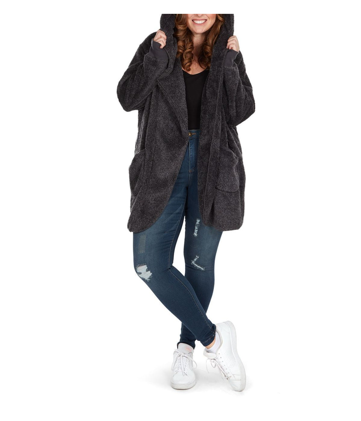 Women's Marled Plush Hooded Lounge Sweater with Shawl Collar Charcoal