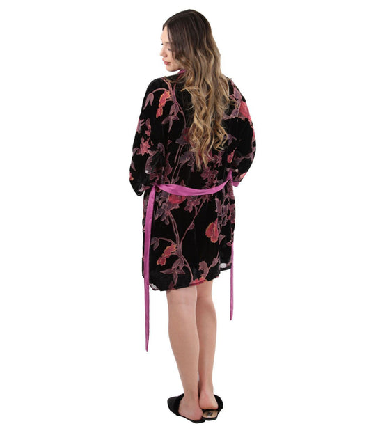 Women's Velvet Burnout Satin Trim Floral Kimono Robe Black