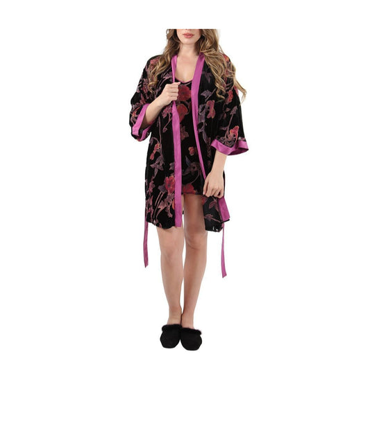 Women's Velvet Burnout Satin Trim Floral Kimono Robe Black