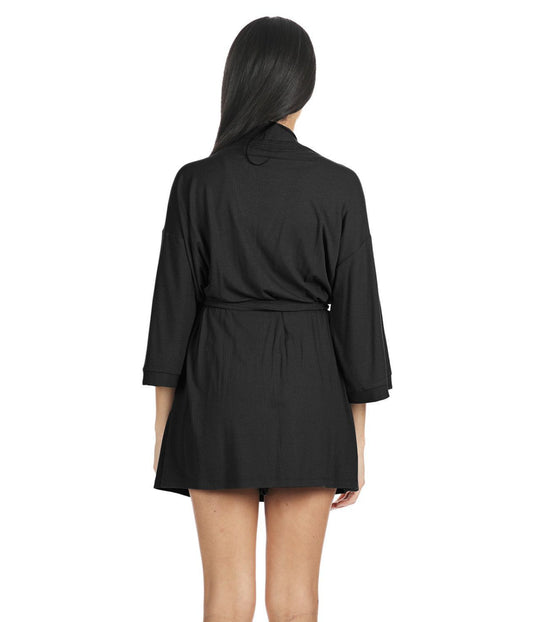 Women's Luxe Ribbed Open-Front Short Robe Black