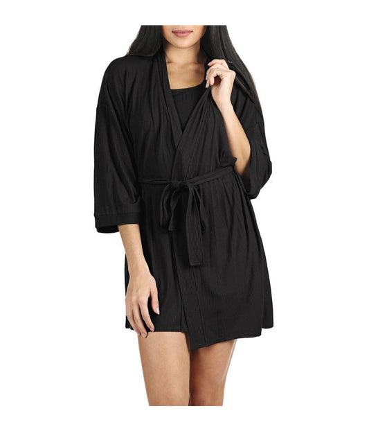 Women's Luxe Ribbed Open-Front Short Robe Black