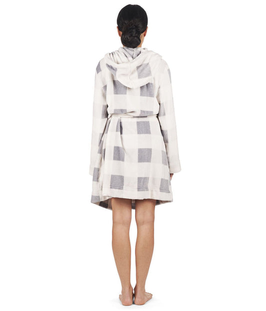 Women's Plaid Plush Hooded Robe with Pom-Pom Drawstrings Ivory