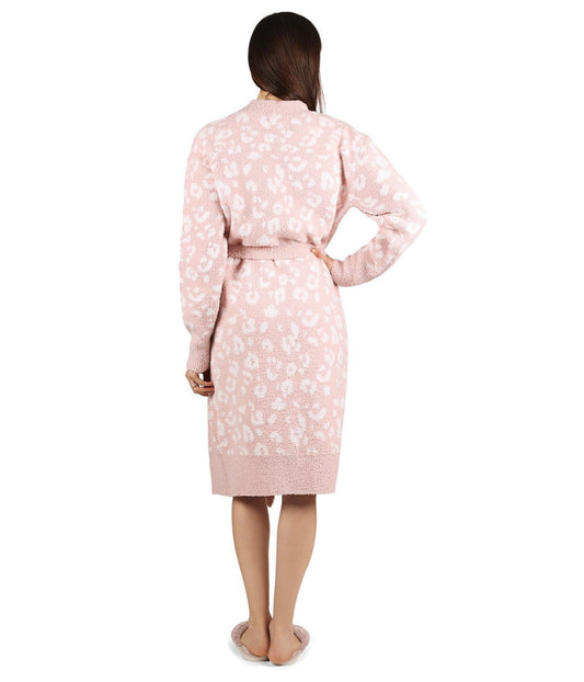 Women's Leopard Print Cozy Knit Short Long-Sleeve Robe Pink-Ivory