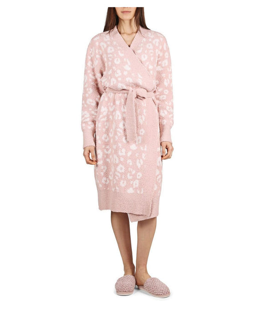 Women's Leopard Print Cozy Knit Short Long-Sleeve Robe Pink-Ivory
