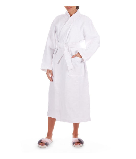 Women's 100% Cotton Woven Waffle Spa-Style Kimono Robe White