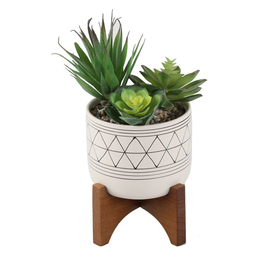 White with Black Line Art Ceramic Pot on Stand