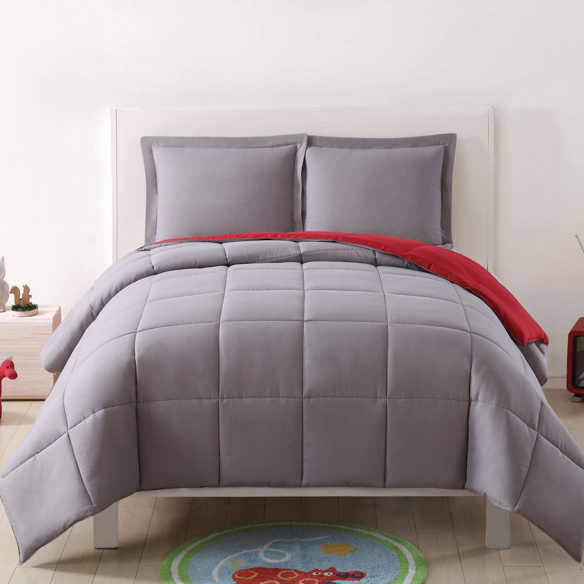  My World Solid Comforter Set Grey & Red - Grey and Red - Bonton