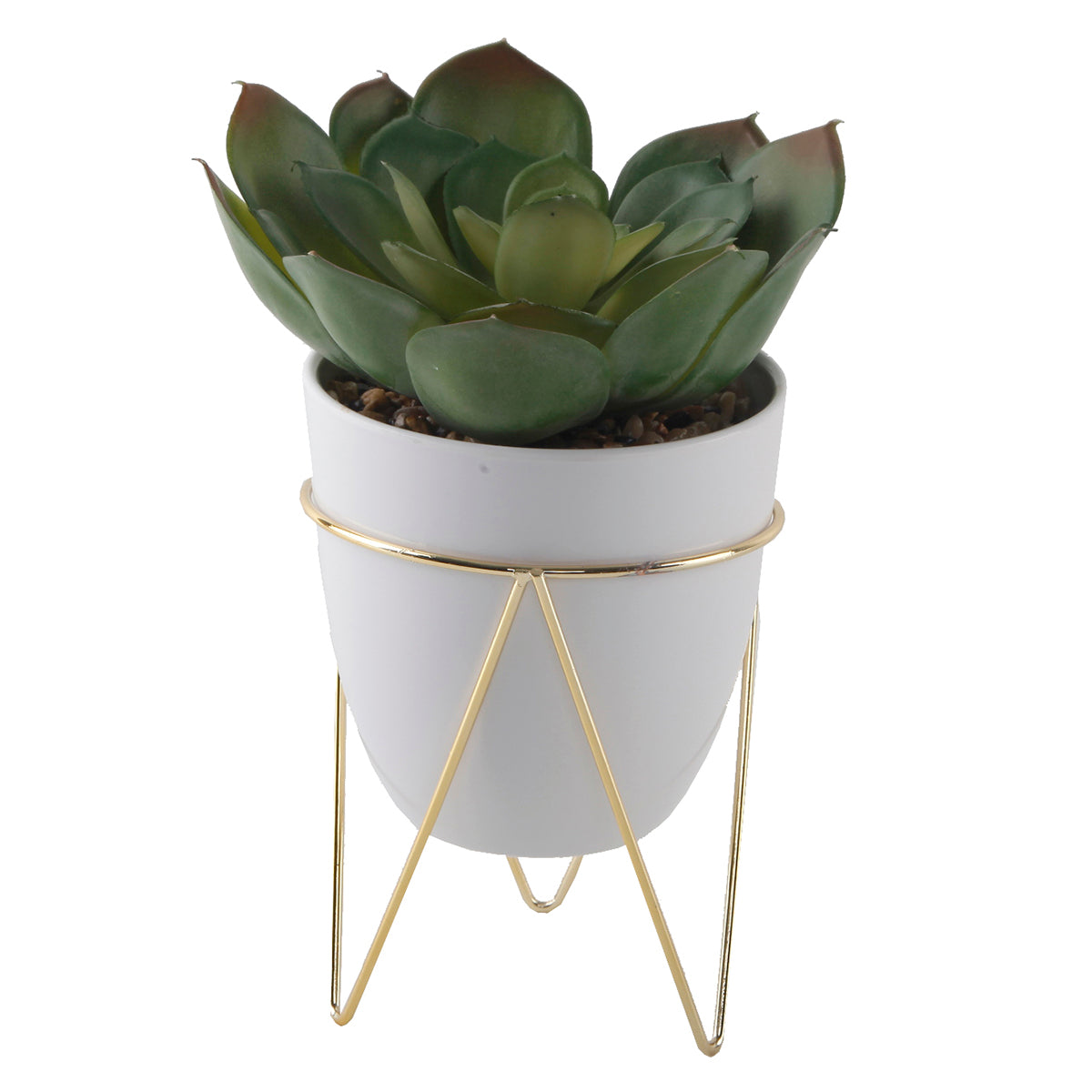  Flora Bunda Faux Succulent in White Pot and Gold Metal Stand - White/Gold - Bonton