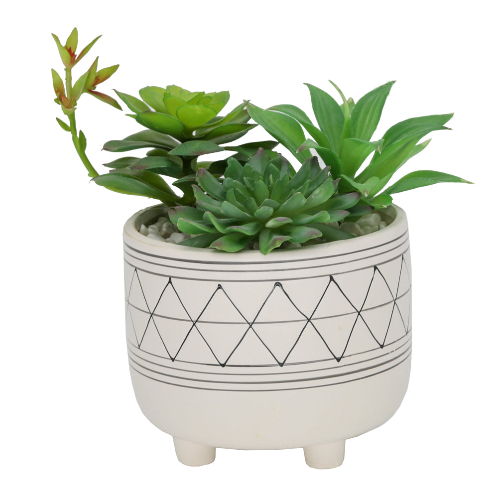  Flora Bunda Footed White Planter with Black Line Pattern - White/Black - Bonton